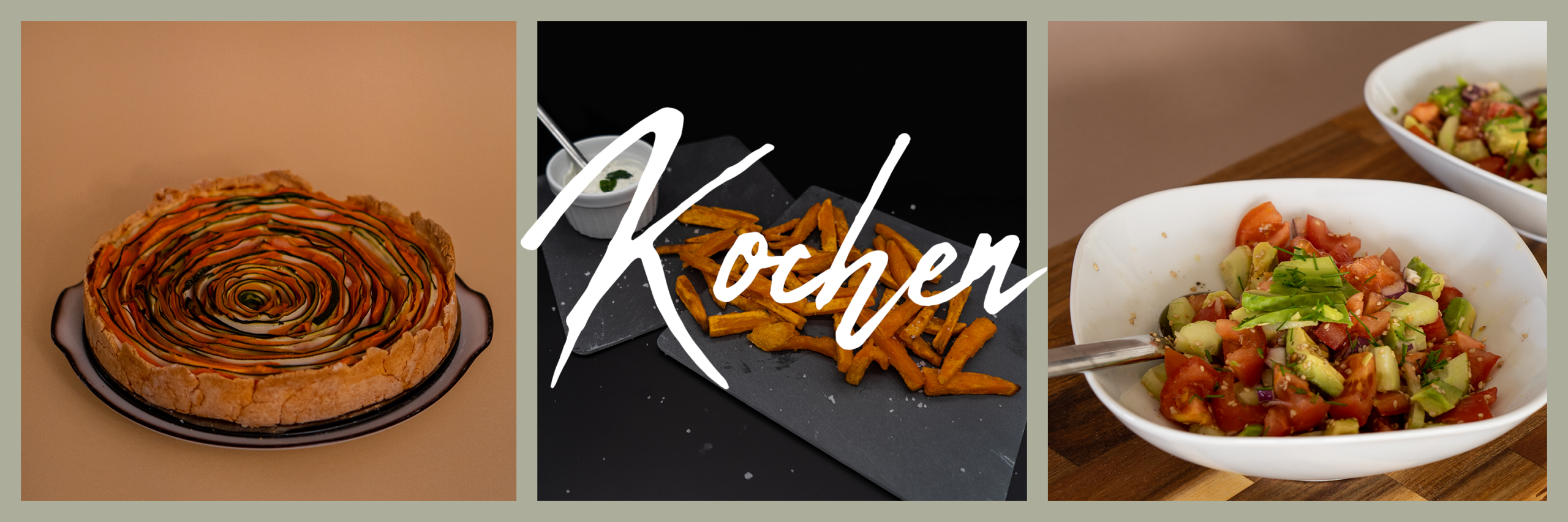 Banner Kochen zeigt drei Bilder (Gemüsequiche, Süßkartoffelpommes und Avocado Salat)